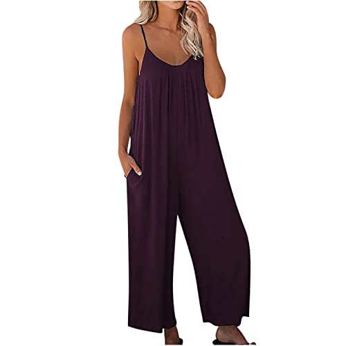 TURWXGSO Damen Jumpsuit Sommer Loose Fit Jumpsuit Ärmellos Overall Lang Weites Bein Freizeithose mit Taschen Strampler Lange Playsuit Hose Lässig Hosenanzug Einfarbig/Bedruckter Overall für Frauen von TURWXGSO