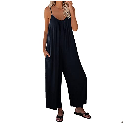 Damen Jumpsuit Sommer Loose Fit Jumpsuit Ärmellos Overall Lang Weites Bein Freizeithose mit Taschen Strampler Lange Playsuit Hose Lässig Hosenanzug Einfarbig/Bedruckter Overall für Frauen von TURWXGSO