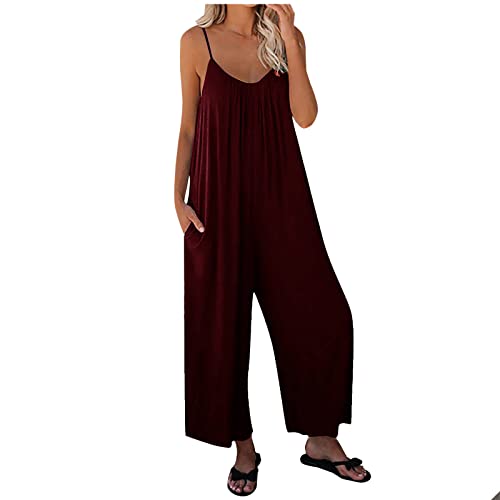 TURWXGSO Damen Jumpsuit Sommer Loose Fit Jumpsuit Ärmellos Overall Lang Weites Bein Freizeithose mit Taschen Strampler Lange Playsuit Hose Lässig Hosenanzug Einfarbig/Bedruckter Overall für Frauen von TURWXGSO