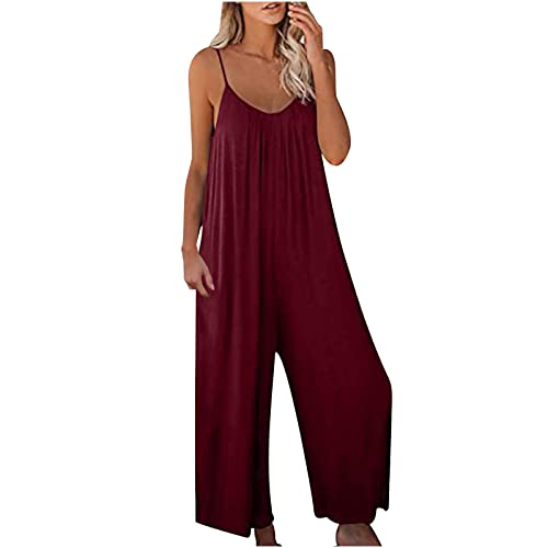 Damen Jumpsuit Sommer Loose Fit Jumpsuit Ärmellos Overall Lang Weites Bein Freizeithose mit Taschen Strampler Lange Playsuit Hose Lässig Hosenanzug Einfarbig/Bedruckter Overall für Frauen von TURWXGSO