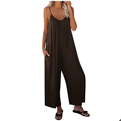 Damen Jumpsuit Sommer Loose Fit Jumpsuit Ärmellos Overall Lang Weites Bein Freizeithose mit Taschen Strampler Lange Playsuit Hose Lässig Hosenanzug Einfarbig/Bedruckter Overall für Frauen von TURWXGSO