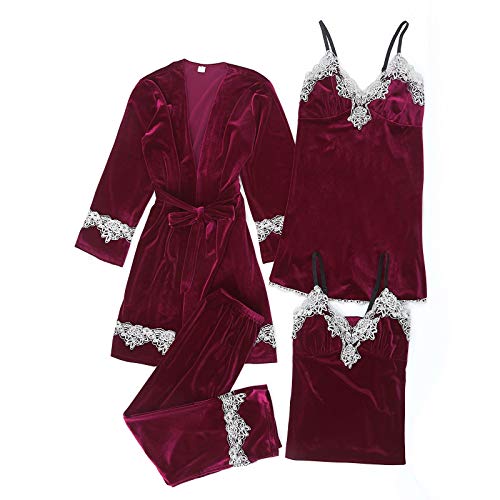 Damen Pyjama Set 4-Teiliges Samt Retro Nightwear Vintage-Nachthemd Nachtrobe Schlafanzug Set Frauen Hausanzug Nachtwäsche mit Blumenmuster (1 Bademantel+1 Minikleid+1 Gürtel+1 Cami) von TURWXGSO