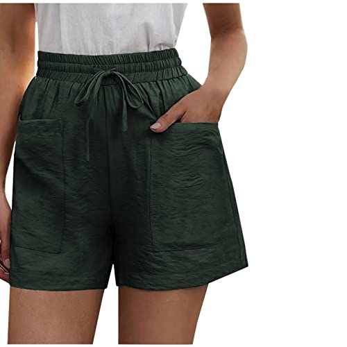 TURWXGSO Damen-Shorts mit Kordelzug, Stretch-Leinen-Shorts, lockeres weites Bein, elastische hohe Taille, Arbeitsshorts, einfarbig, gerade, kurze Hose, lässige Sommer-Shorts mit Taschen, #1 Army von TURWXGSO