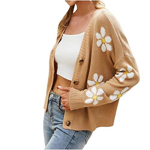 TURWXGSO Damen Strickjacke mit Knopf Blumen Stern Muster Langarm Strickjacke Pullover Mantel Herbst Alltagskleidung Kurz Mantel Strickpullover Freizeit Oberteil Tops von TURWXGSO