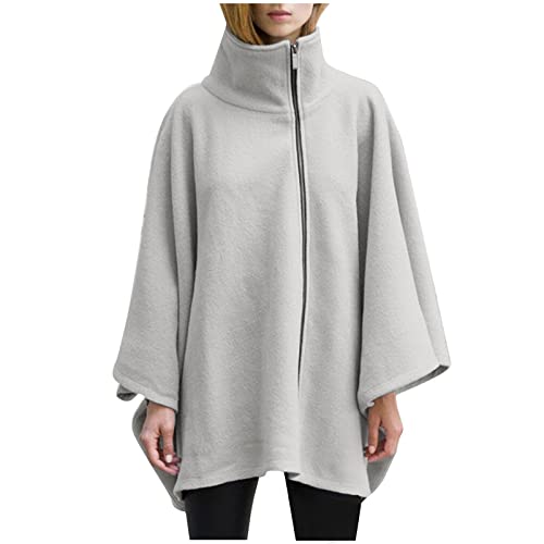 TURWXGSO Damen Unregelmäßiges Mittleres Cape Stehkragen/Reverskragen Langarm Reißverschluss Mantel einfarbig Strickjacke Mantel Herbst Lässig Top Lose große Größe von TURWXGSO