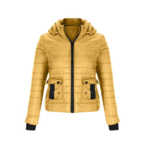 TURWXGSO Jacke Damen Warme Baumwolljacke Steppjacke Herbst Frühling Übergangsjacke Reißverschluss Einfarbige Tasche Frauen Kapuzenjacke Kurz Mantel Outwear Steppmantel (EU Größe 34-44) von TURWXGSO