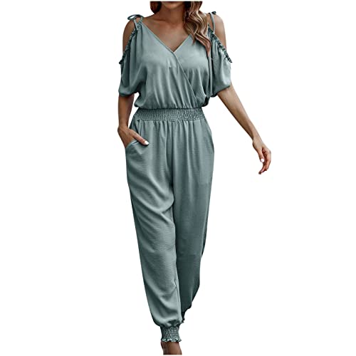 TURWXGSO Jumpsuit Damen Elegant Lässige Elastisch Tunika Sommer Kurzarm Trägerlos Playsuits Für Damen Lang Hosenanzug Casual Playsuit Romper Mit Taschen Lang Latzhose Schultergurt V-Ausschnitt Overall von TURWXGSO