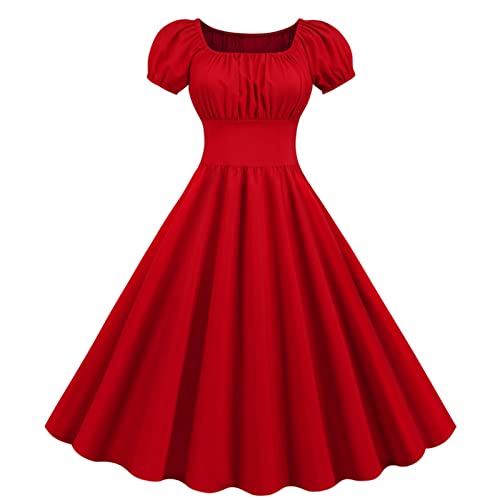TURWXGSO Lässiges, festes, knielanges Kleid mit kurzen Ärmeln und quadratischem Ausschnitt für Damen, rotes Minikleid, Polokleid, Kleid mit Puffärmeln für Frauen von TURWXGSO