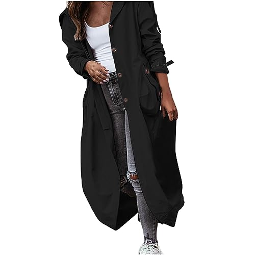 TURWXGSO damen trenchcoat mit kapuze Frühling Herbst Mantel lange Jacke einfarbig Lässig Trenchcoat Jacke langärmelig Revers Langer Trenchcoat Leichter einreihiger Trenchcoat mit großen Taschen von TURWXGSO