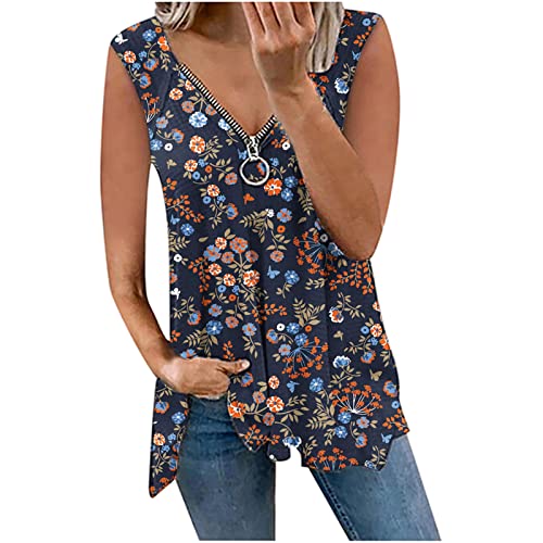 Y2k Top Damen Sommer Westen Casual ärmellose Tanks Bluse Lose V-Ausschnitt Tops Dressy T-Shirt Tunika Weste Freizeit Pullover Skater Blusen Tanks Top Falten Floral Printing Flowy Shirt Tops von TURWXGSO