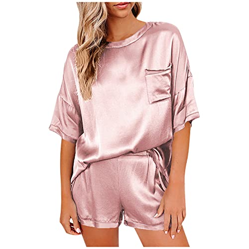 TURWXGSO Y2k Top Damen Zweiteilige Anzüge Sommer Pyjams Rundhals T-Shirt Tops Lose Kurze Hosen Seide Solid Sets Nachtwäsche Weiche Casual Unterwäsche Sets Weiche Loungewear Anzug von TURWXGSO