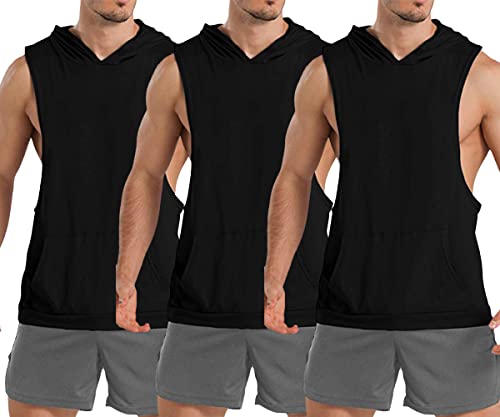 TX Apparel Herren Tank Top Ärmelloser Muskelshirt Workout Sport Fitness Hoodie Bodybuilding Muskel Kapuzen Tanktops-BK+BK+BK-L von TX Apparel