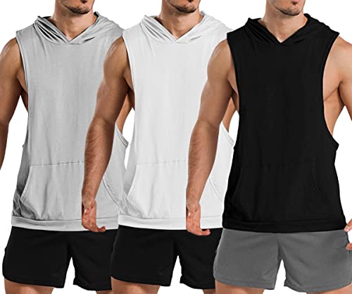 TX Apparel Herren Tank Top Ärmelloser Muskelshirt Workout Sport Fitness Hoodie Bodybuilding Muskel Kapuzen Tanktops-BK+WT+GY-M von TX Apparel