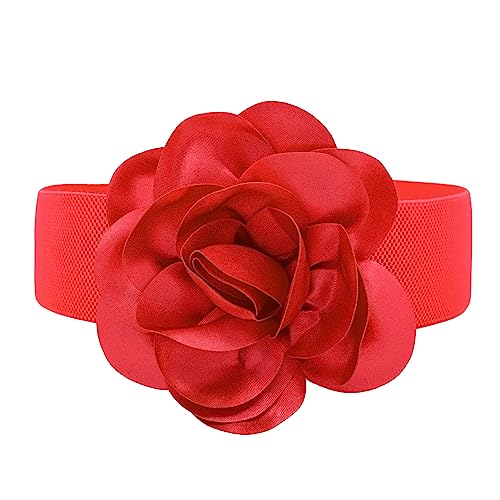 TeeYee Damen Mädchen Gürtel Fashion und Süß Groß Blume Elastische Breit Tailleband Waist Belt (rot) von TeeYee