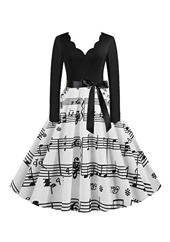 TYQQU Damen A-Linie Elegante Tunika Mit V Ausschnitt Schmales Kleid Mit Langen Ärmeln Und Schleife Musik Note XL von TYQQU