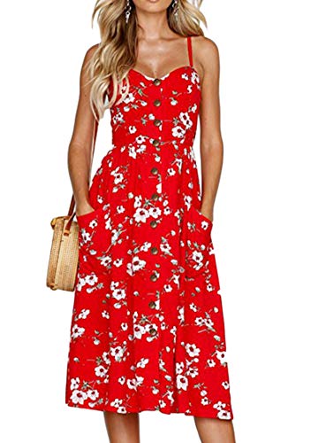 TYQQU Damen Verstellbare Träger Kleid Plissee Swing Saum Kleid Strappy Loose Fit Tunika Kleid Midi Kleid Rot 2XL von TYQQU