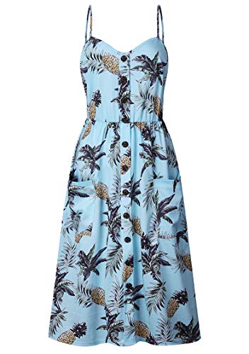 TYQQU Frauen Front Knopf Flowy Plissee Swing Kleid Boho Sundress Casual v Neck Kleid Blau L von TYQQU