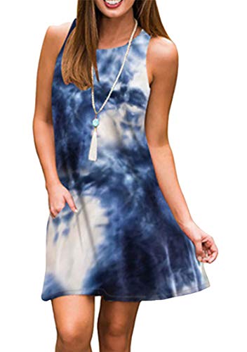 TYQQU Damen Lockeres Kleid Für Damen Bedrucktes Kleid Rundhalsausschnitt Elegantes Kleid Plissiertes Kleid Tie Dye Marineblau Xs von TYQQU