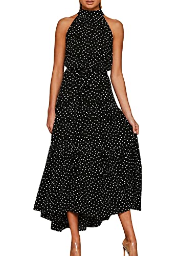 TYQQU Damen Sommer Ärmelloses Kleid Niedliches Gepunktetes Maxikleid Hohe Taille Strand Tunika Sonnenkleid Schwarz L von TYQQU