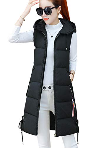 TYQQU Damen Steppweste Winter Warm Bequeme Kapuzenweste Gilet Freizeitweste Langer Reißverschluss Schwarz L von TYQQU