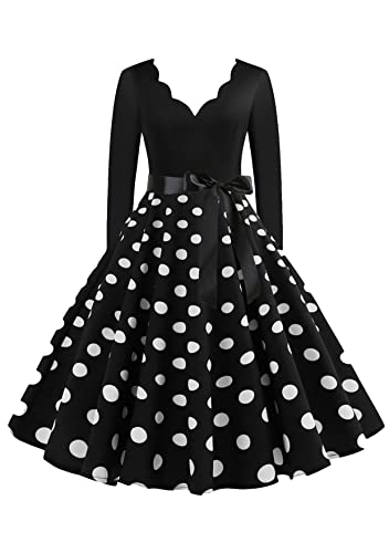 TYQQU Frauen Vintage Polka Dot Print Kleid V Ausschnitt Langarm Partykleid Tailliertes Hepburn Tunika Kleid Schwarzer Punkt L von TYQQU