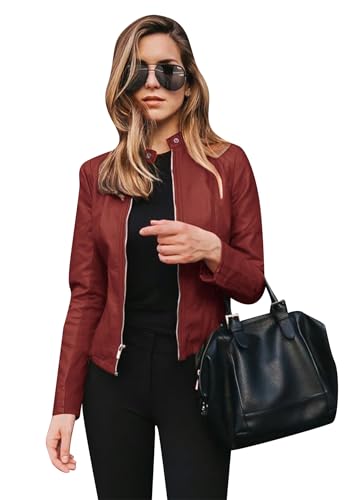 TYQQU Frauen Solide Kurze Lederjacke Langarm Casual Jacke Motorrad Cardigan Jacke Burgund XL von TYQQU