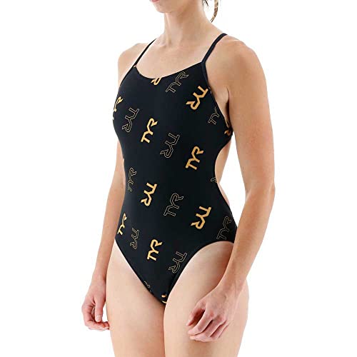 TYR Damen Cascading Cutoutfit Einteiliger Badeanzug, schwarz/goldfarben, 38 von TYR