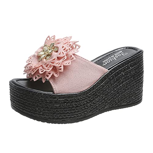 TYUIOP schlappen damen sommer elegant espadrilles für damen plateau leder flip flops damen sommer flach zehentrenner blumen badelatschen geschlossene sandalen damen absatz damen slipper, frauen von TYUIOP