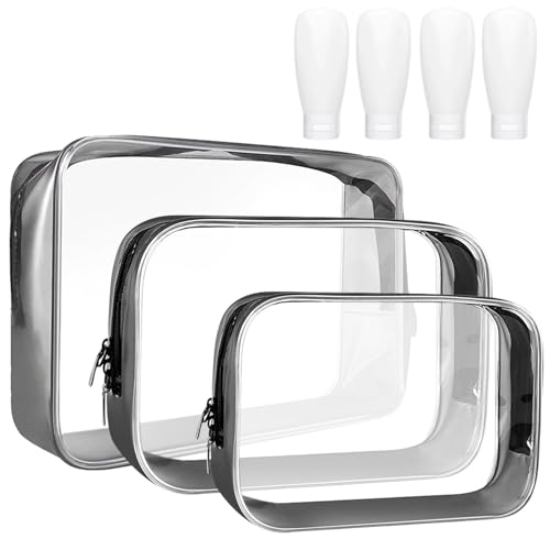 TYXHXTF 3 Stück Kulturbeutel Transparent, 4 Stück Leere Reiseflaschen, Kosmetiktasche Durchsichtig mit Reiseflaschenset, Reisezubehör, Make-up Tasche für Männer, Frauen, Kinder, Familie TYXHXTF 3 Stück Kulturbeutel Transparent, 4 Stück Leere Reiseflaschen, Kosmetiktasche Durchsichtig mit Reiseflaschenset, Reisezubehör, Make-up Tasche für Männer, Frauen, Kinder, Familie von TYXHXTF