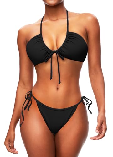 TZLDN Bikini Damen Set Sexy Push Up Triangel Oberteil Große Brüste Brazilian String Tanga Neckholder Bandeau Bustier Top Beach 2tlg Badeanzug Bademode #1 Schwarz L von TZLDN