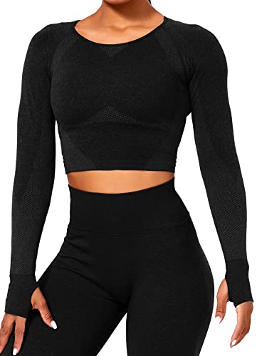 TZLDN Damen Nahtlos Sport oberteile - Bauchfrei Langarm Laufshirt Sportshirt für Yoga Fitness Gym Workout Jogging #1 Schwarz M von TZLDN