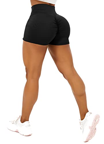 TZLDN Damen Scrunch Kurze Leggings - Push Up Geraffte Shorts Tights Laufhosen für Sport Yoga Fitness Radfahren Workout A01 Schwarz L von TZLDN