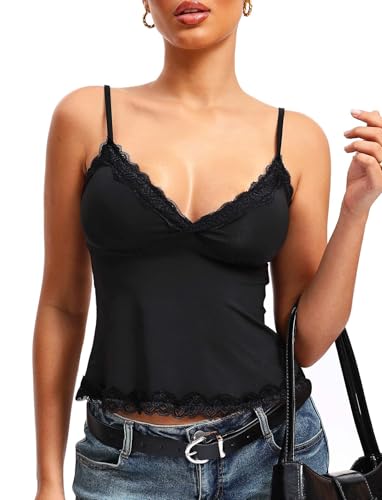 TZLDN Damen Spitzen Oberteil Damen Babydoll Top Spaghettiträger Lace Tops Trägershirt Basic Festival Schwarz L TZLDN Damen Spitzen Oberteil Damen Babydoll Top Spaghettiträger Lace Tops Trägershirt Basic Festival Schwarz L von TZLDN