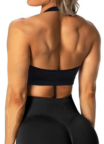 TZLDN Neckholder Sport BH Damen Gepolstert Push Up Sommer Bustier Rückenfrei Große Brüste Gym Yoga Bra Basic Fitness Crop Top Oberteile ohne Bügel #2 Schwarz XS von TZLDN