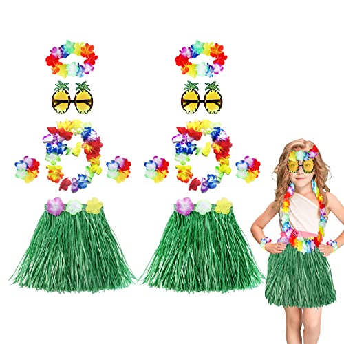 Tacobear 2 Sets Hawaii Hula Gras Rock Kinder Hawaiian Party Kostüm Set mit Ananas Brille Blume Stirnband Blumenkette Armbänder 30 cm Hawaii Kleid für Mädchen Jungen Luau Beachparty Deko (Grün) von Tacobear