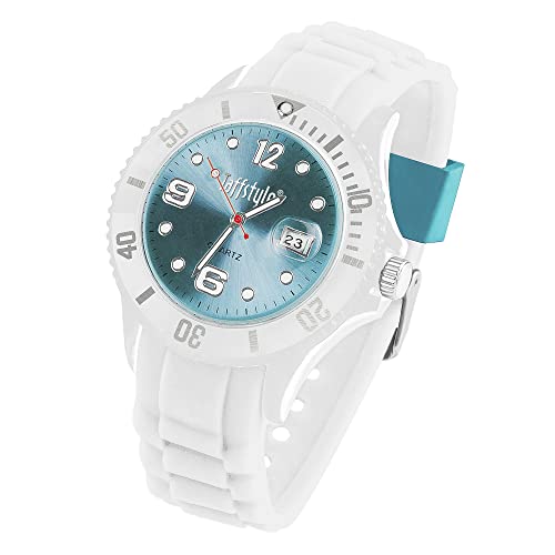 Taffstyle Damen Herren Sportuhr Armbanduhr Silikon Sport Ziffernblatt mit Datum Analog Quarz Farbige Bunte Uhr Weiß Hellblau von Taffstyle