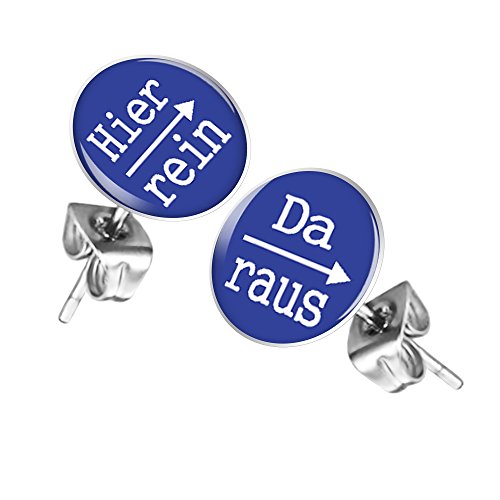 Taffstyle Damen Herren Stecker Ohrstecker Ohrringe Schmuck Studs Buttons Runde Silber Platte mit Spruch Hier rein Da raus 12mm in Blau von Taffstyle