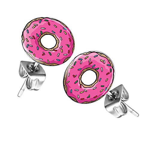 Taffstyle Damen Herren Stecker Rund Klein Ohrstecker Ohrringe Schmuck Runde Platte Silber mit Motiv Donut Pink von Taffstyle