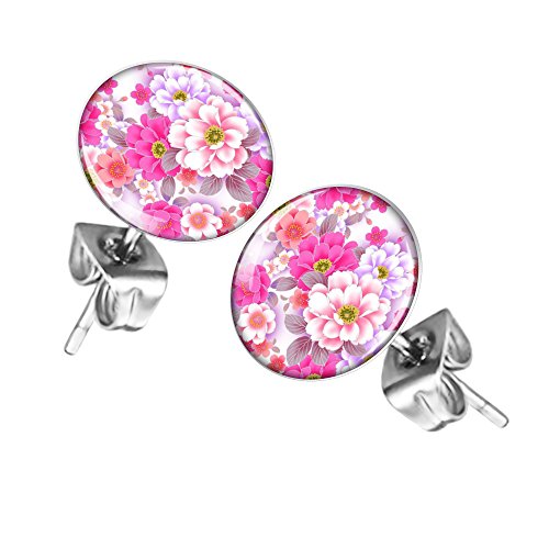 Taffstyle Damen Herren Stecker Rund Klein Ohrstecker Ohrringe Schmuck Runde Platte Silber mit Motiv Pfingstrosen Blumen Blüten Rosen von Taffstyle