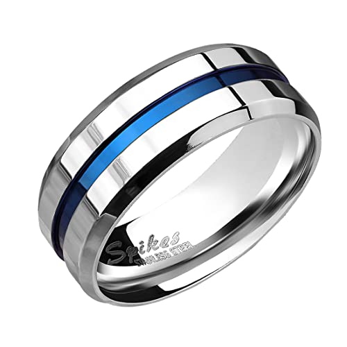 Taffstyle Herren Band Ring Bandring Edelstahl poliert Zwei Ton Silber mit blauen Inlay Männer Biker Rocker massiv breit Herrenring Größe 68 (21.6) von Taffstyle