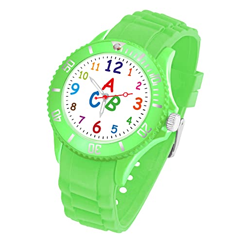 Taffstyle Kinder Armbanduhr Silikon ABC Zahlen Motiv Sportuhr Analog Quarz Bunte Sport Uhr Farbige Kinderuhr Mädchen Junge Lernuhr 34mm Grün von Taffstyle