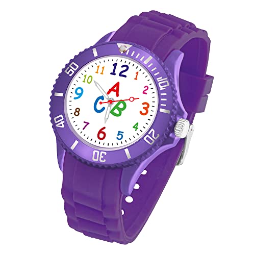 Taffstyle Kinder Armbanduhr Silikon ABC Zahlen Motiv Sportuhr Analog Quarz Bunte Sport Uhr Farbige Kinderuhr Mädchen Junge Lernuhr 34mm Lila von Taffstyle