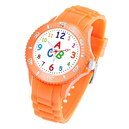 Taffstyle Kinder Armbanduhr Silikon ABC Zahlen Motiv Sportuhr Analog Quarz Bunte Sport Uhr Farbige Kinderuhr Mädchen Junge Lernuhr 34mm Orange von Taffstyle