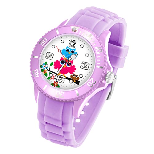 Taffstyle Kinder Armbanduhr Silikon mit Blumen Eulen Familie Motiv Sportuhr Analog Quarz Bunte Sport Uhr Farbige Kinderuhr Mädchen Junge Lernuhr Little 34 mm Flieder von Taffstyle