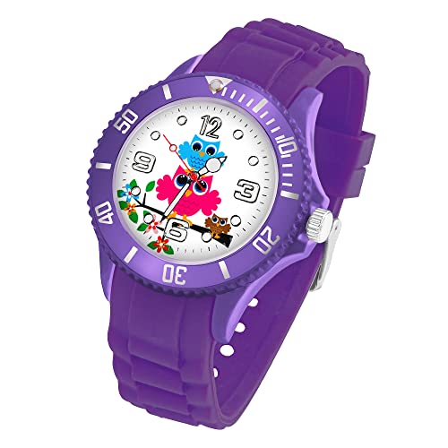 Taffstyle Kinder Armbanduhr Silikon mit Blumen Eulen Familie Motiv Sportuhr Analog Quarz Bunte Sport Uhr Farbige Kinderuhr Mädchen Junge Lernuhr Little 34 mm Lila von Taffstyle