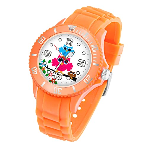 Taffstyle Kinder Armbanduhr Silikon mit Blumen Eulen Familie Motiv Sportuhr Analog Quarz Bunte Sport Uhr Farbige Kinderuhr Mädchen Junge Lernuhr Small 39 mm Orange von Taffstyle