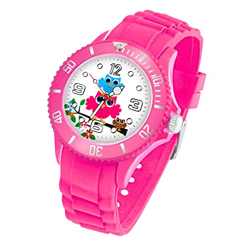 Taffstyle Kinder Armbanduhr Silikon mit Blumen Eulen Familie Motiv Sportuhr Analog Quarz Bunte Sport Uhr Farbige Kinderuhr Mädchen Junge Lernuhr Small 39 mm Pink von Taffstyle