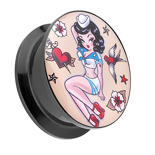 Taffstyle Ohr Plug Flesh Tunnel Piercing Ohrpiercing Kunststoff Schraub Schraubverschluß Picture mit Rockabilly Matrosen Mädchen Pin Up Sailor Motiv 10mm von Taffstyle