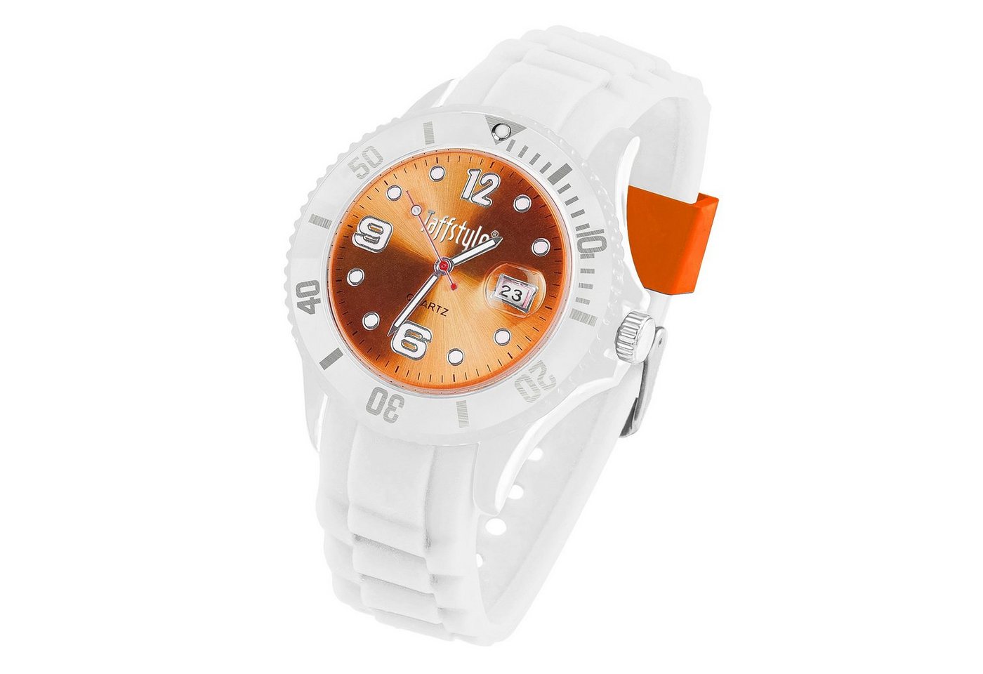 Taffstyle Quarzuhr Armbanduhr Silikon Sport Uhr Ziffernblatt Datum, Farbige Bunte Quarz Analog Damen Herren Sportuhr Anzeige Quarzuhr Multifunktion Wasserdicht Weiß Orange von Taffstyle