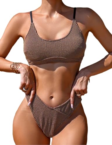 Tainehs Geripptes Damen-Bikini-Set, 2-teilig, V-Ausschnitt, Rundhalsausschnitt, verstellbare Spaghettiträger, Kaffee, S von Tainehs